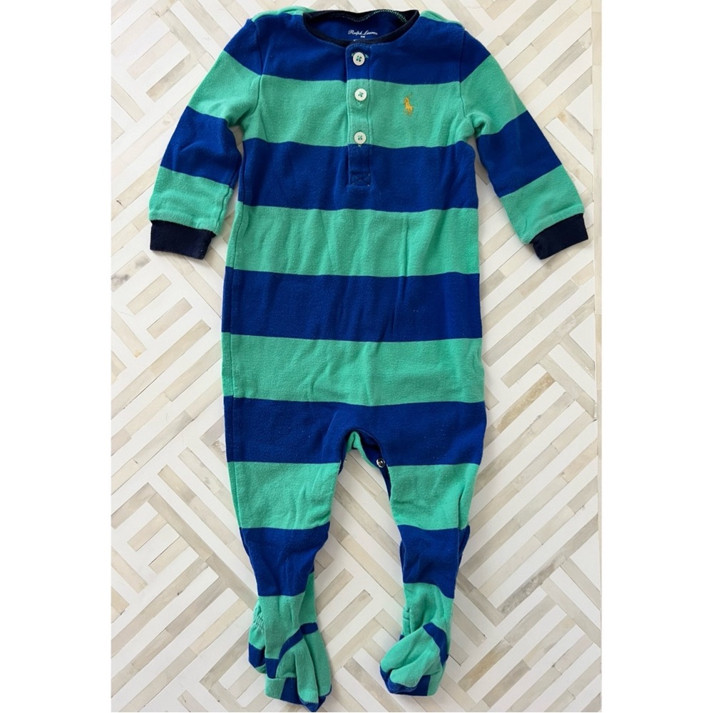 RALPH LAUREN Blue & Green Rugby Striped Footie, 9mo